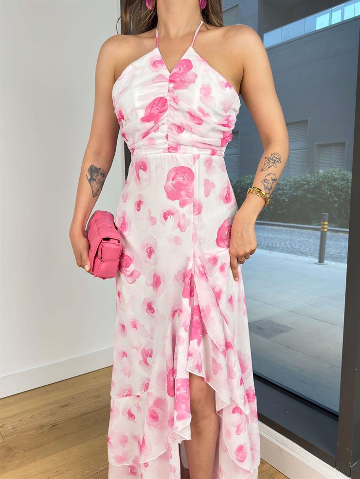 Boyundan Bağlamalı Askı Drapeli Sörfen Pembe Kadın Desenli Elbise 25Y486