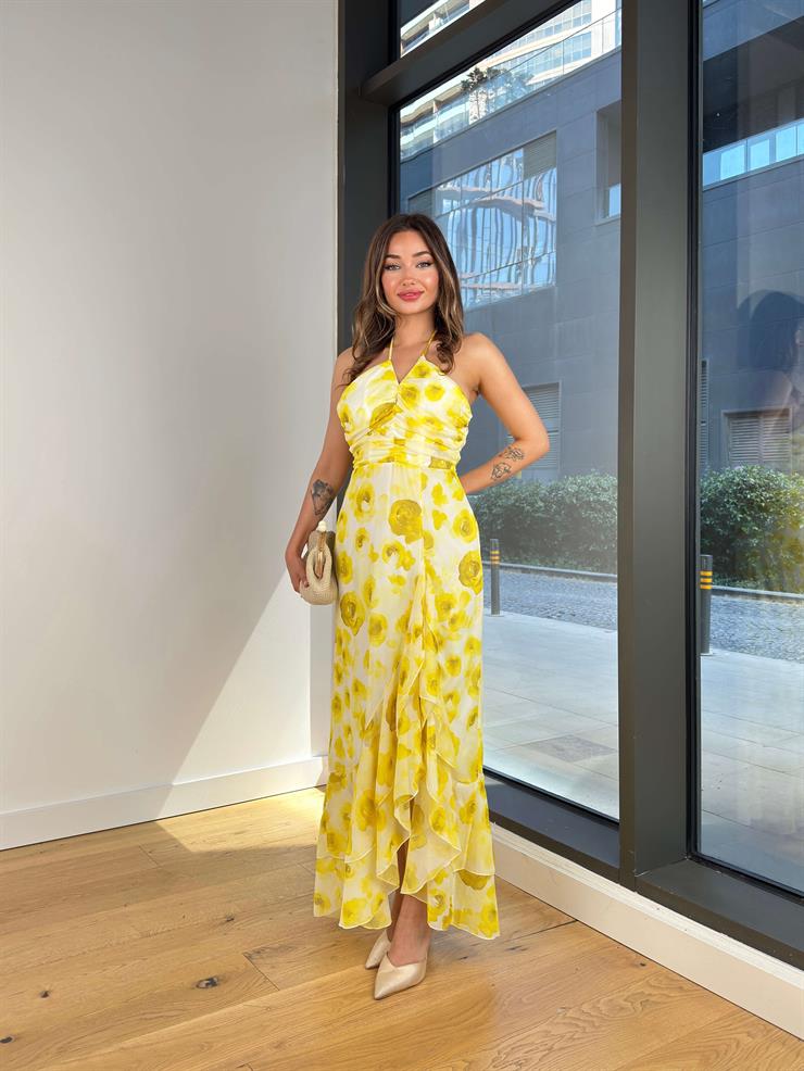 Boyundan Bağlamalı Askı Drapeli Sörfen Sarı Kadın Desenli Elbise 25Y486