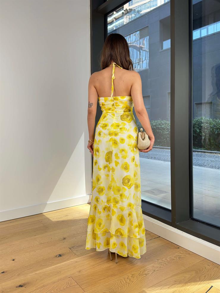 Boyundan Bağlamalı Askı Drapeli Sörfen Sarı Kadın Desenli Elbise 25Y486