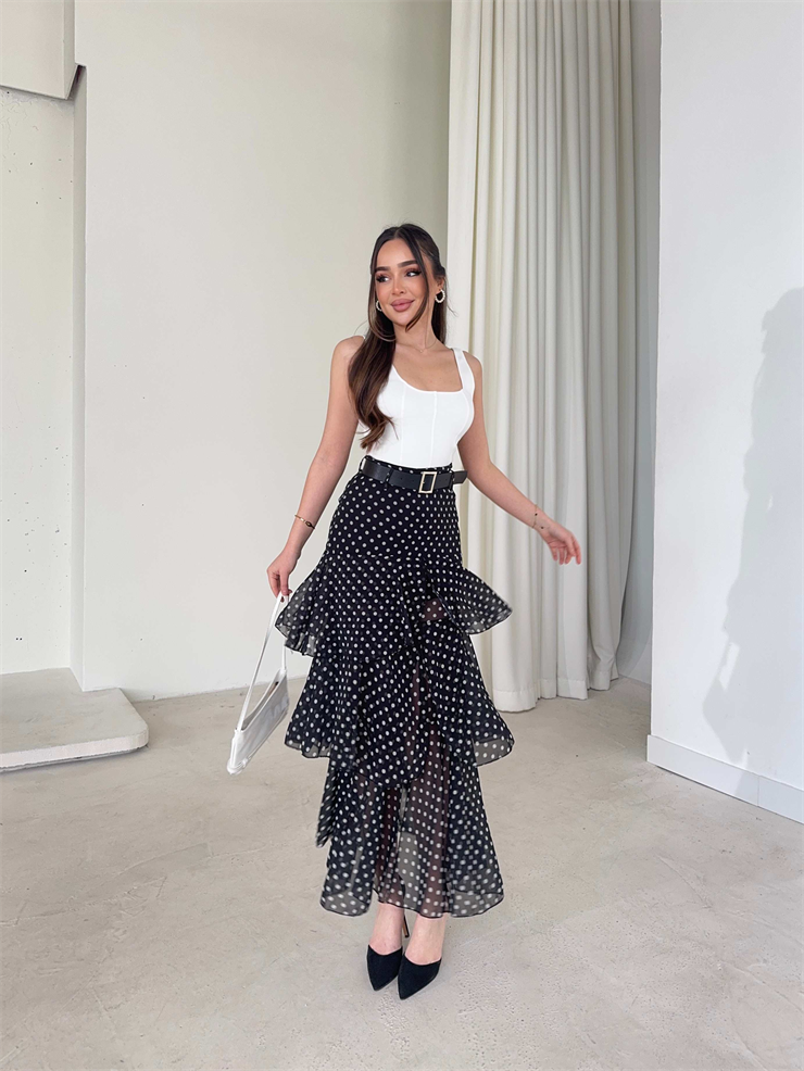 Kemerli Şifon Katlı Kruvaze Kesim Sossa Siyah Puantiyeli Kadın Etek 26K410