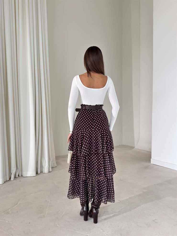 Kemerli Şifon Katlı Kruvaze Kesim Sossa Kahve Puantiyeli Kadın Etek 26K410