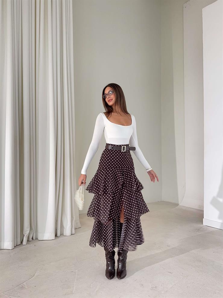 Kemerli Şifon Katlı Kruvaze Kesim Sossa Kahve Puantiyeli Kadın Etek 26K410