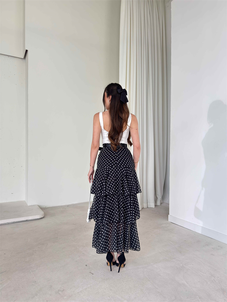 Kemerli Şifon Katlı Kruvaze Kesim Sossa Siyah Puantiyeli Kadın Etek 26K410