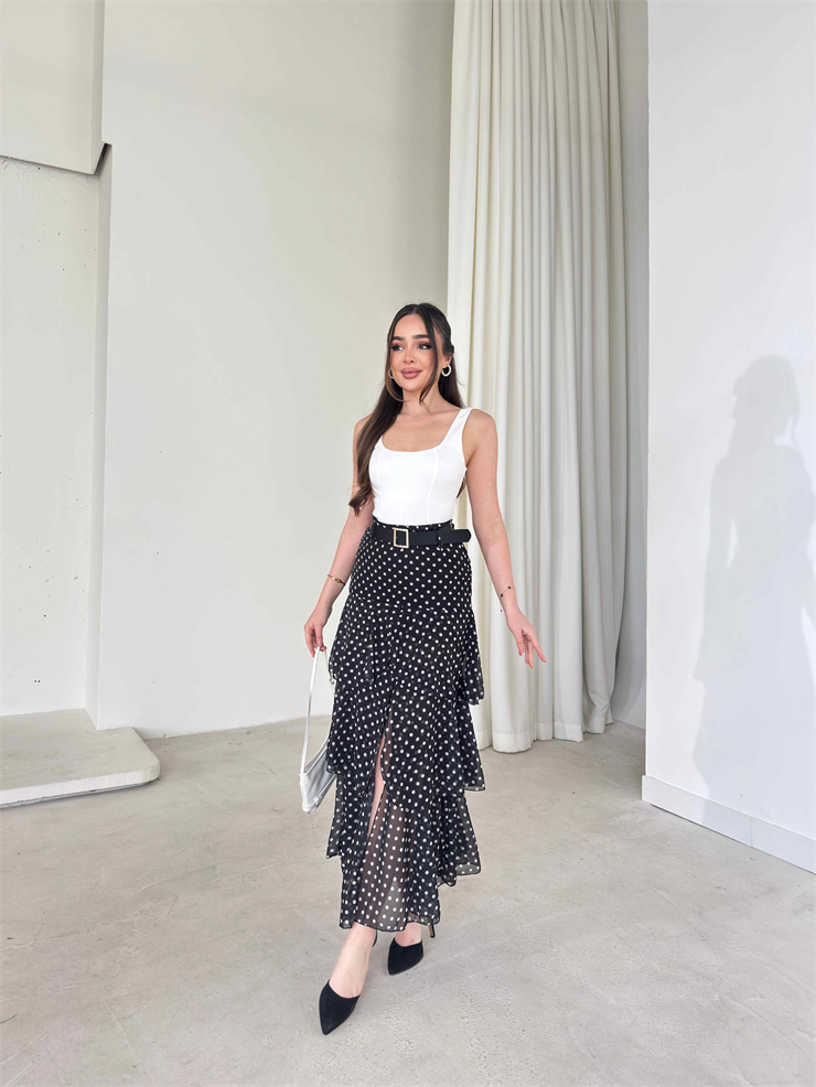 Kemerli Şifon Katlı Kruvaze Kesim Sossa Siyah Puantiyeli Kadın Etek 26K410