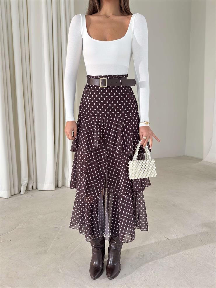 Kemerli Şifon Katlı Kruvaze Kesim Sossa Kahve Puantiyeli Kadın Etek 26K410