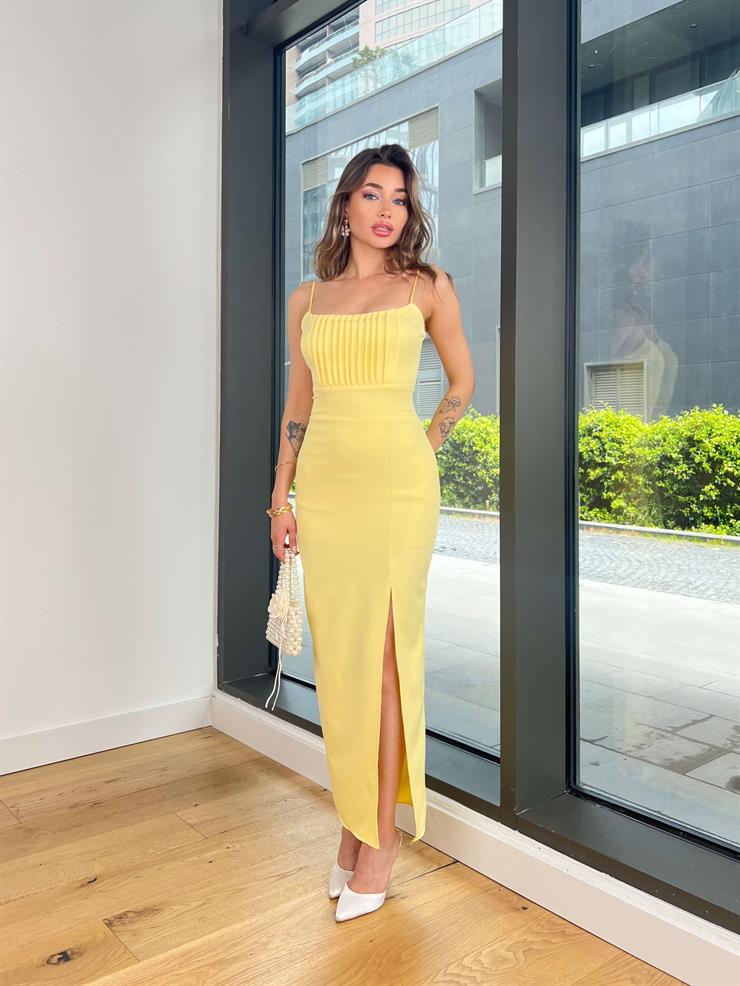 İnce Askılı Belden Oturtmalı Soul Sarı Kadın Yırtmaçlı Elbise 25Y097