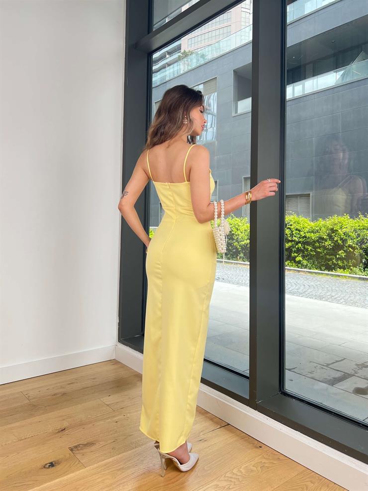 İnce Askılı Belden Oturtmalı Soul Sarı Kadın Yırtmaçlı Elbise 25Y097