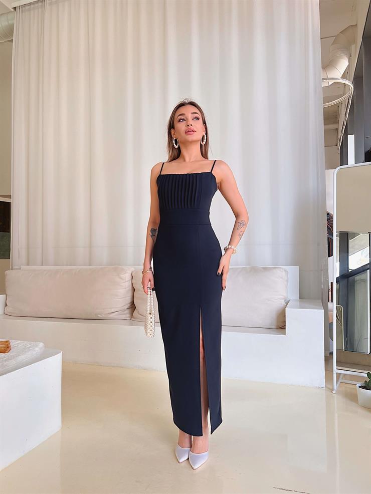 İnce Askılı Belden Oturtmalı Soul Lacivert Kadın Yırtmaçlı Elbise 25Y097