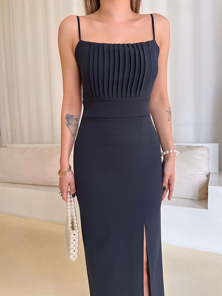 İnce Askılı Belden Oturtmalı Soul Lacivert Kadın Yırtmaçlı Elbise 25Y097