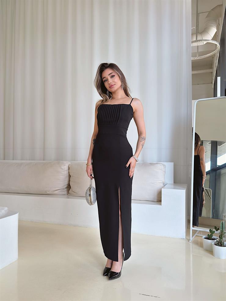 İnce Askılı Belden Oturtmalı Soul Siyah Kadın Yırtmaçlı Elbise 25Y097