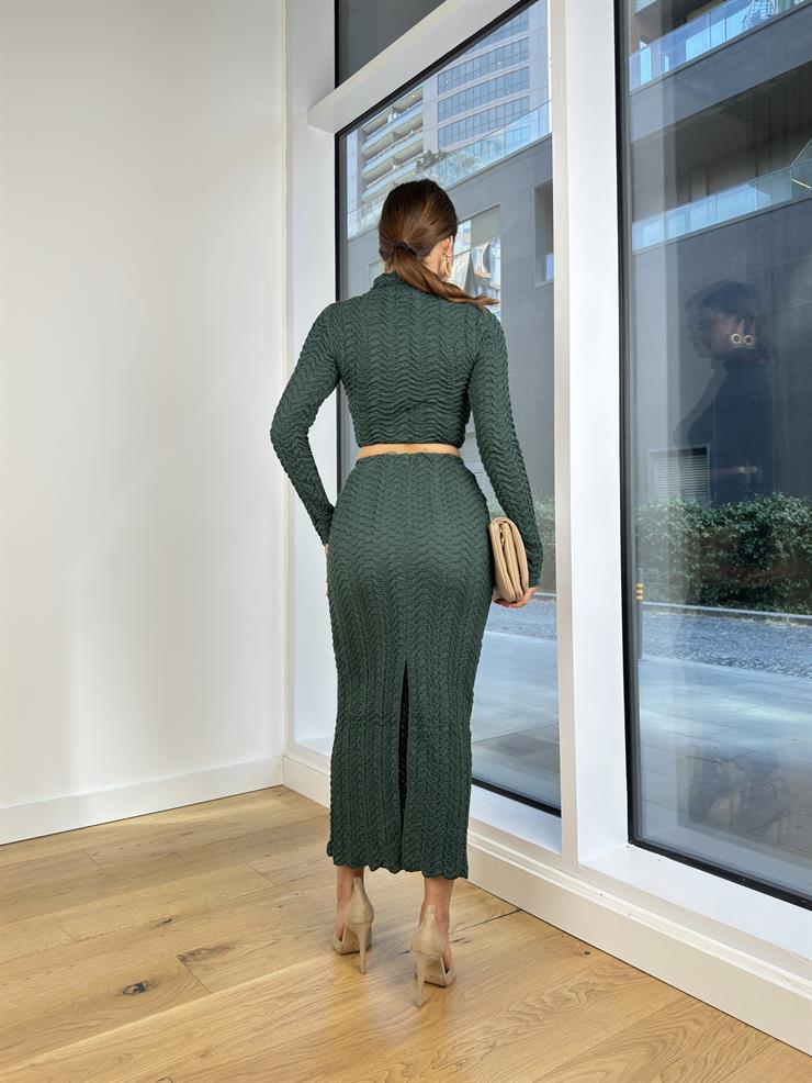 Boğazlı Uzun Kollu Crop Yüksek Bel Uzun Etek Sparky Kadın Haki  Takım 24Y837