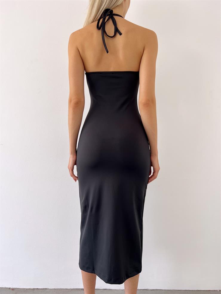 Boyundan Bağlama Ve Aksesuar Detaylı Yırtmaçlı Stalla Kadın Siyah Elbise 23Y000504