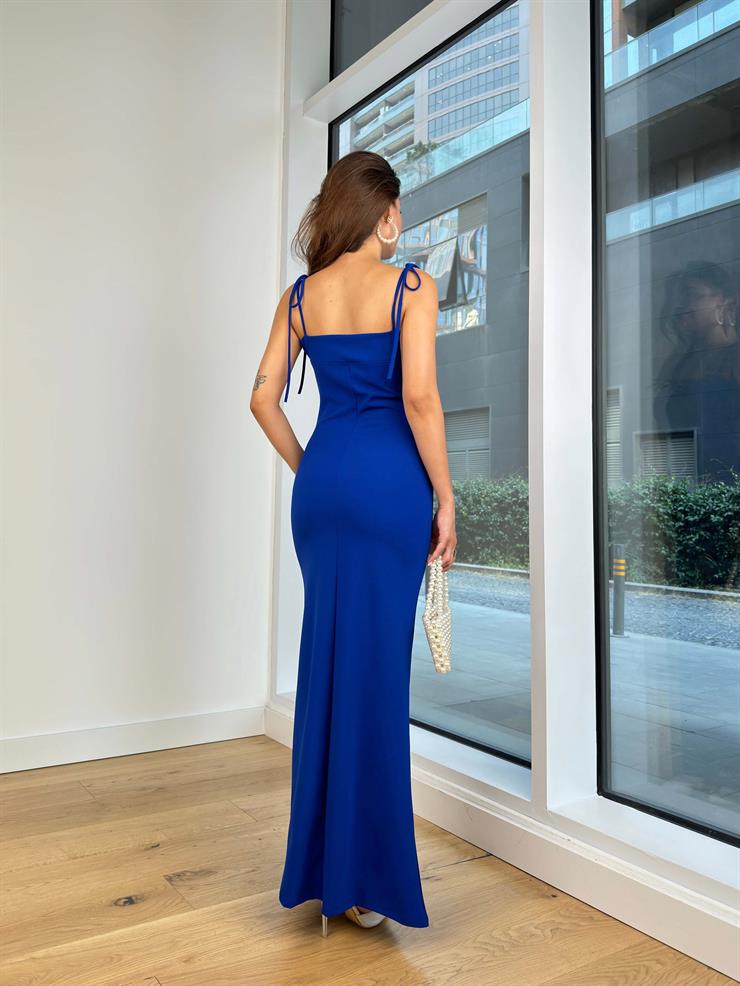 Askıları Bağlamalı Göğüs Dekolteli Stanis Kadın Saks Maxi Elbise 24Y804