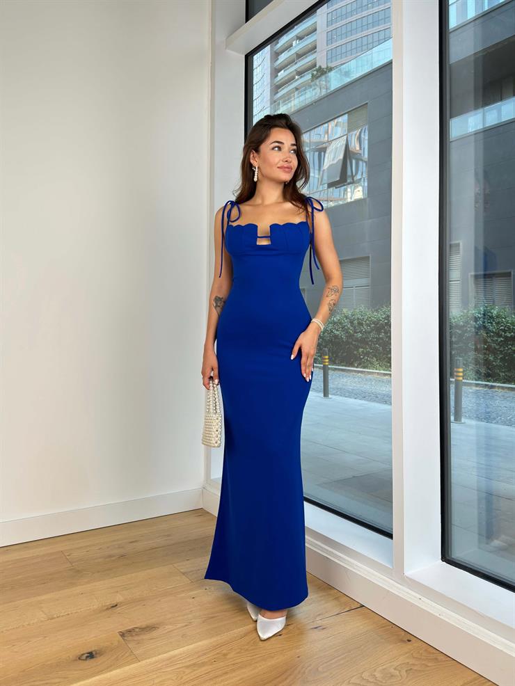 Askıları Bağlamalı Göğüs Dekolteli Stanis Kadın Saks Maxi Elbise 24Y804