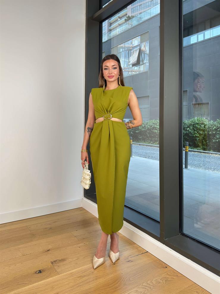 Kolsuz Pencere Detaylı Aksesuarlı Stanton Yeşil Kadın Elbise 25Y455