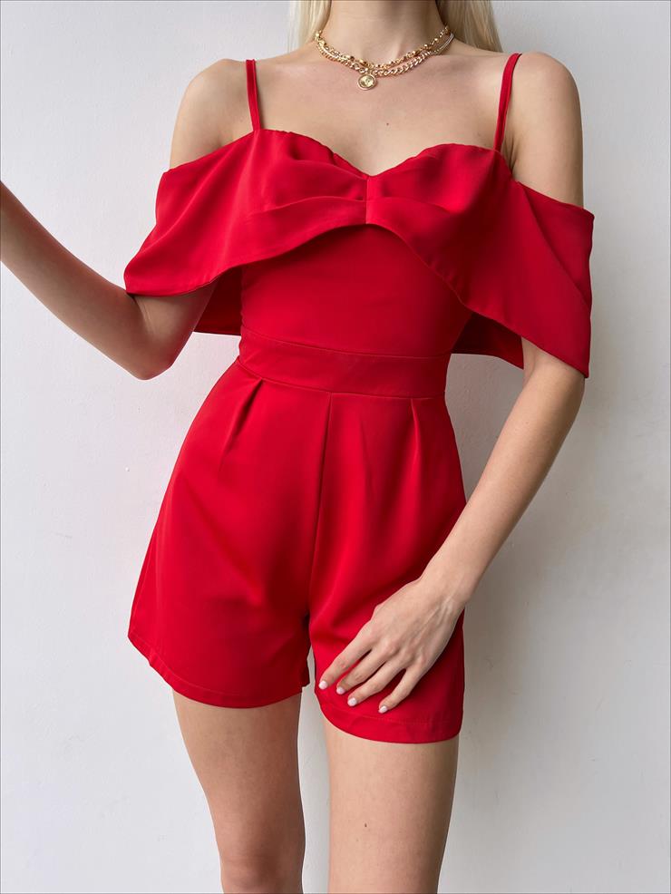 Askılı Düşük Omuz Status Kadın Kırmızı Mini Şort Tulum 23Y000217