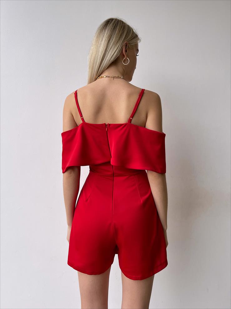 Askılı Düşük Omuz Status Kadın Kırmızı Mini Şort Tulum 23Y000217