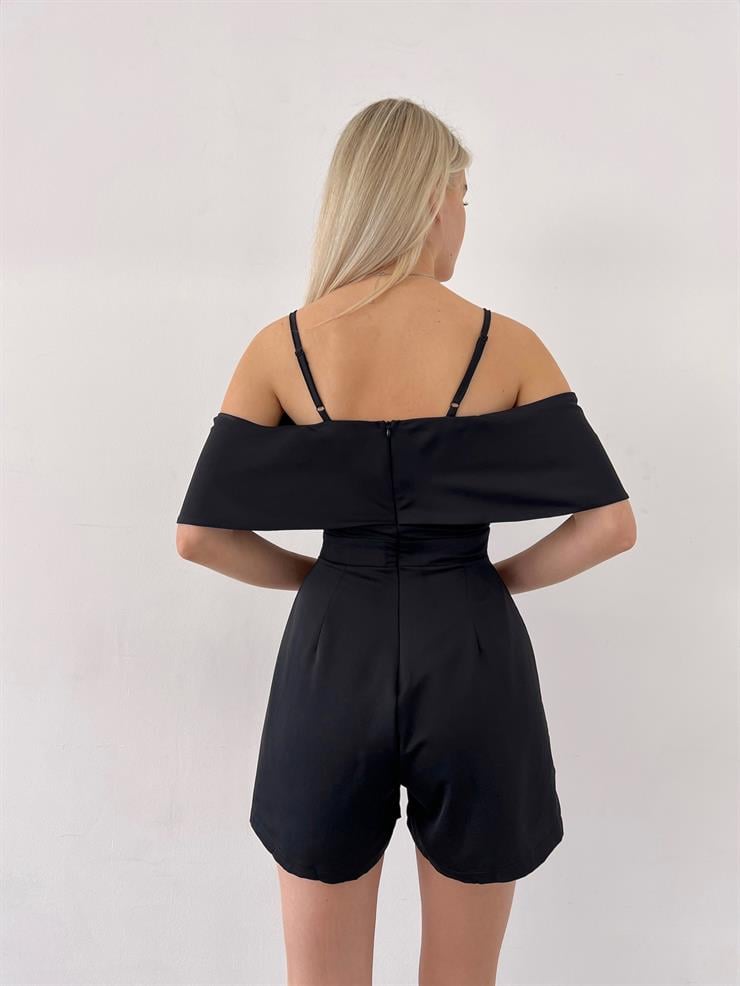 Askılı Düşük Omuz Status Kadın Siyah Mini Şort Tulum 23Y000217