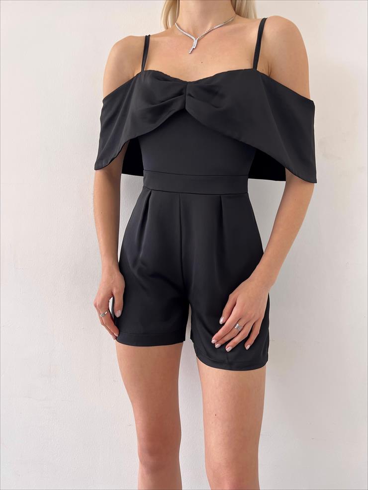 Askılı Düşük Omuz Status Kadın Siyah Mini Şort Tulum 23Y000217