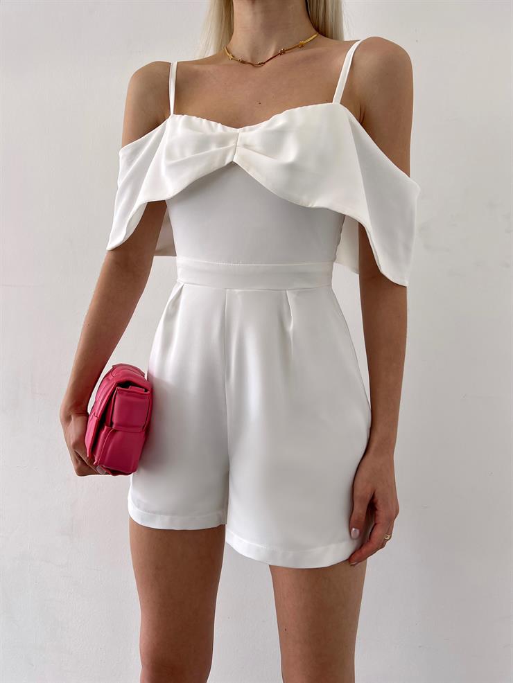 Askılı Düşük Omuz Status Kadın Beyaz Mini Şort Tulum 23Y000217