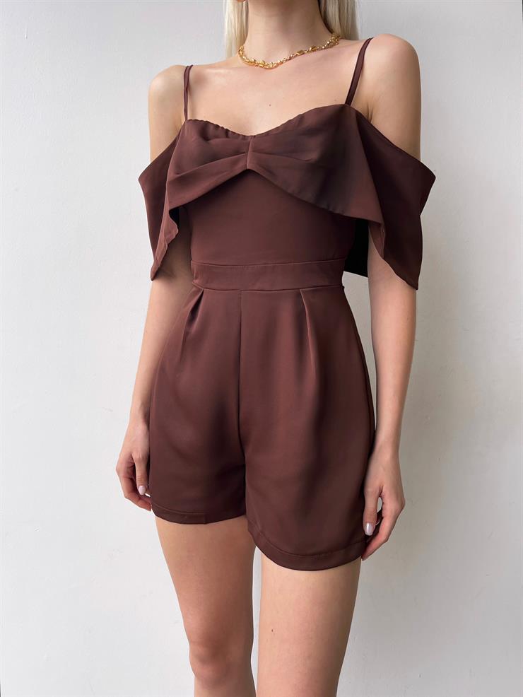 Askılı Düşük Omuz Status Kadın Kahve Mini Şort Tulum 23Y000217