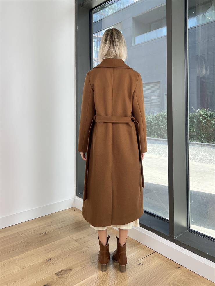 Belden Kuşaklı Yanları Cep Detaylı Stefan Kadın Kahve Kaşe Kaban 23K000118