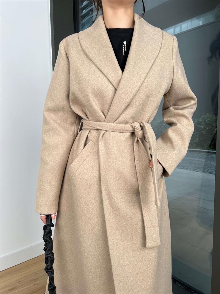 Belden Kuşaklı Yanları Cep Detaylı Stefan Kadın Vizon Kaşe Kaban 23K000118