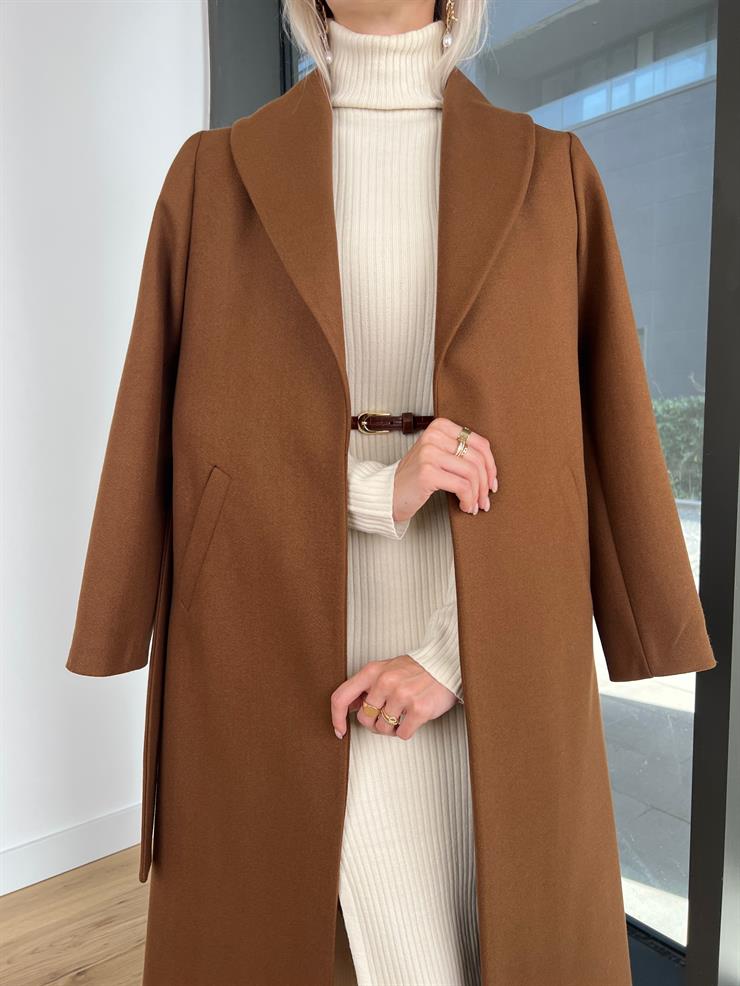 Belden Kuşaklı Yanları Cep Detaylı Stefan Kadın Kahve Kaşe Kaban 23K000118