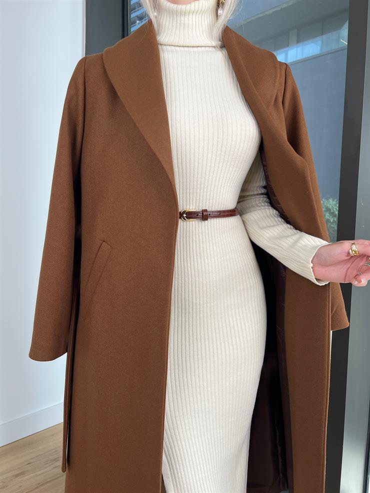 Belden Kuşaklı Yanları Cep Detaylı Stefan Kadın Kahve Kaşe Kaban 23K000118