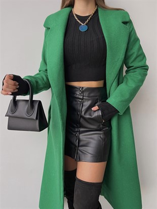 Belden Kuşaklı Yanları Cep Detaylı Stefan Kadın Yeşil Kaşe Kaban 23K000118