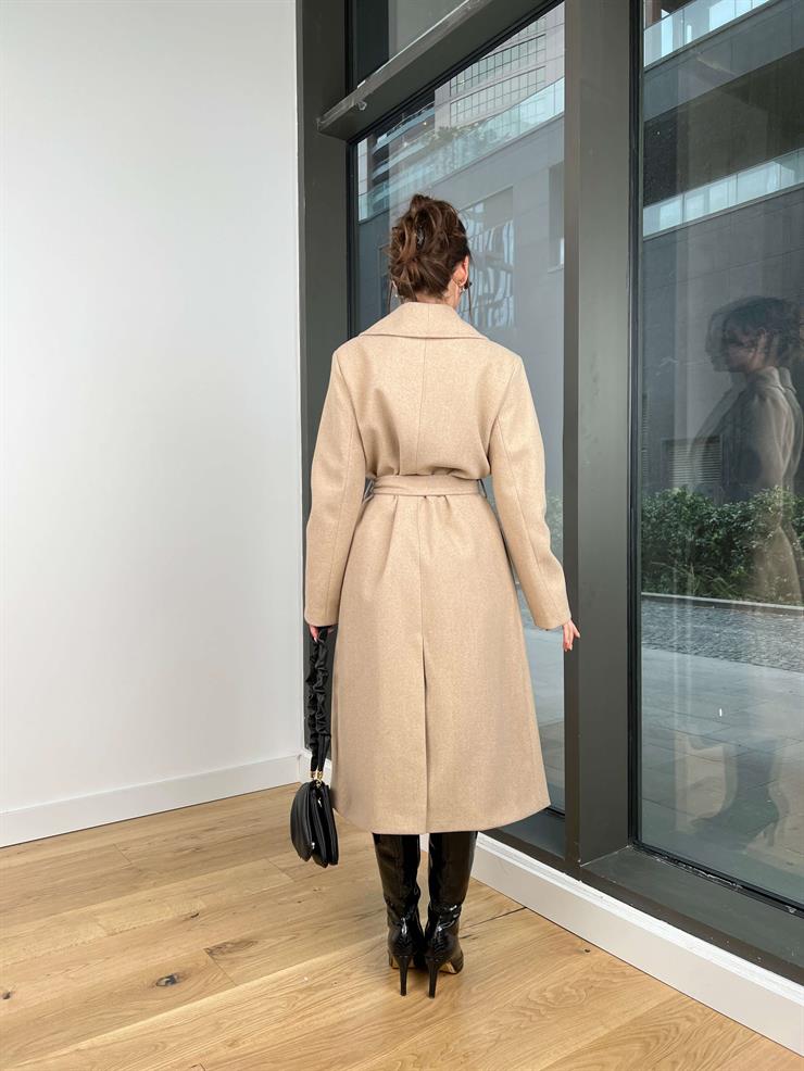 Belden Kuşaklı Yanları Cep Detaylı Stefan Kadın Vizon Kaşe Kaban 23K000118