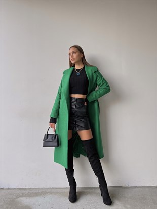 Belden Kuşaklı Yanları Cep Detaylı Stefan Kadın Yeşil Kaşe Kaban 23K000118