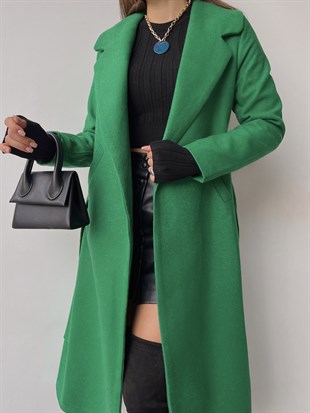 Belden Kuşaklı Yanları Cep Detaylı Stefan Kadın Yeşil Kaşe Kaban 23K000118