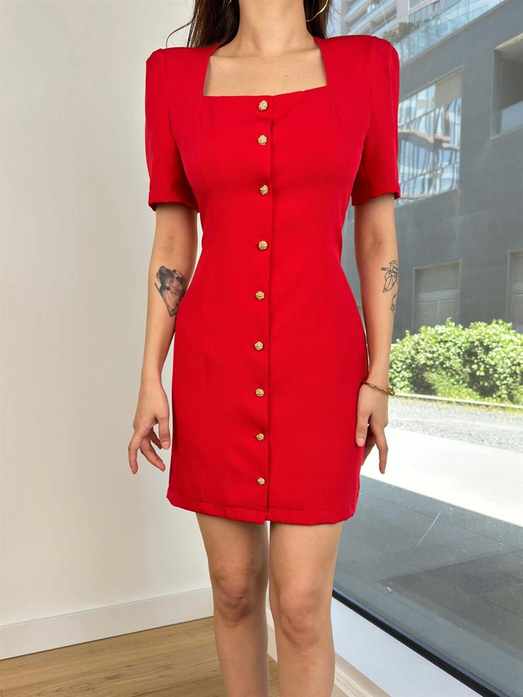 	Omuz Vatkalı Önü Düğmeli Steff Kadın Kırmızı Mini Elbise 24Y597