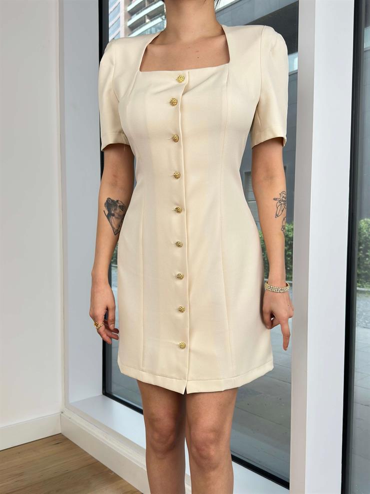 Omuz Vatkalı Önü Düğmeli Steff Kadın Taş Mini Elbise 24Y597