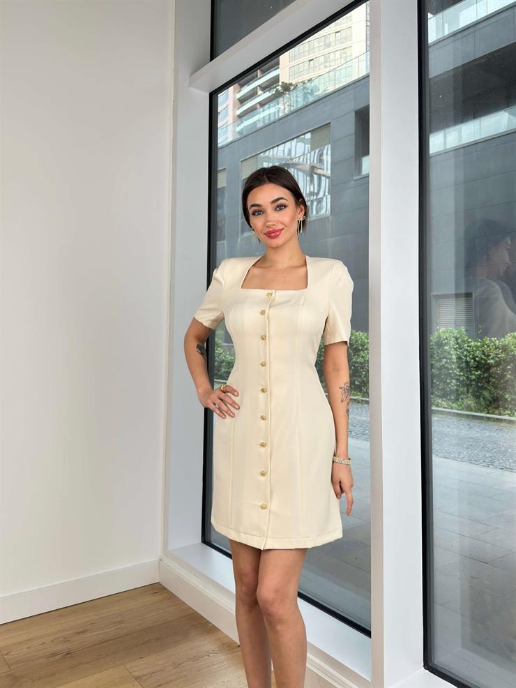 Omuz Vatkalı Önü Düğmeli Steff Kadın Taş Mini Elbise 24Y597