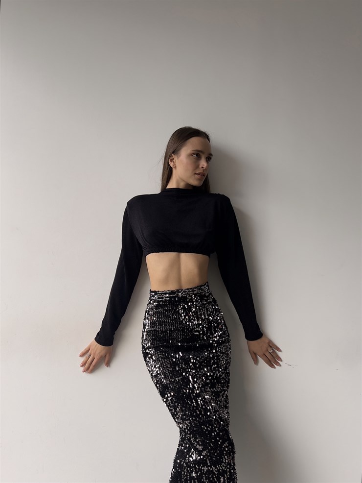 Yüksek Bel Pul Payet Stelvio Kadın Siyah Midi Etek 23K000356