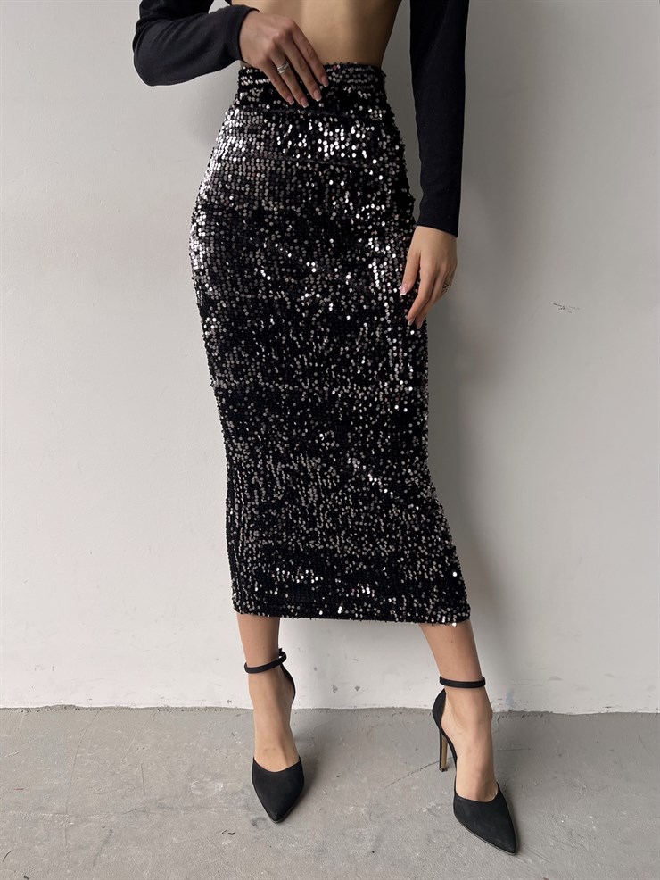Yüksek Bel Pul Payet Stelvio Kadın Siyah Midi Etek 23K000356
