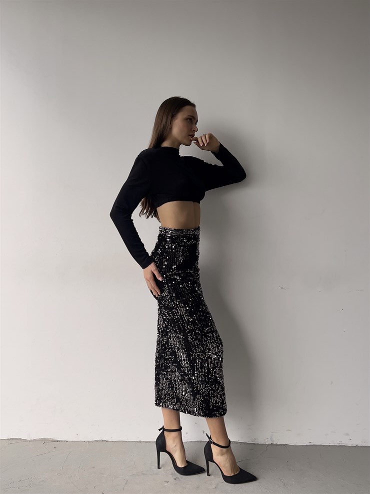 Yüksek Bel Pul Payet Stelvio Kadın Siyah Midi Etek 23K000356