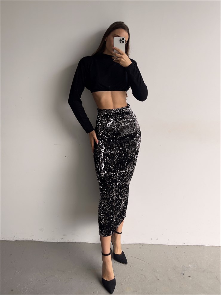 Yüksek Bel Pul Payet Stelvio Kadın Siyah Midi Etek 23K000356