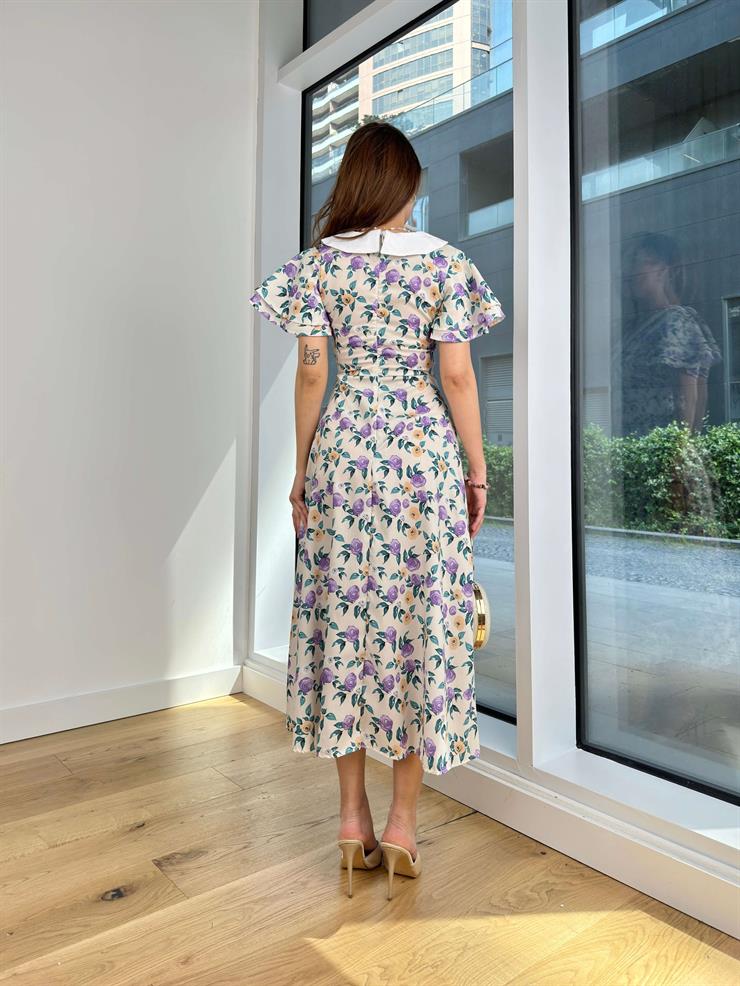 Önlük Yaka Kısa Kol Stepanija Kadın Renkli Çiçekli Elbise 24Y508