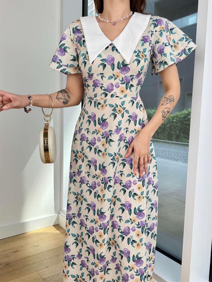 Önlük Yaka Kısa Kol Stepanija Kadın Renkli Çiçekli Elbise 24Y508