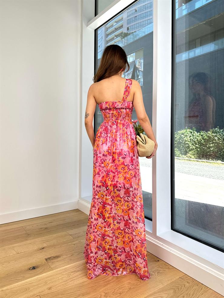 Tek Omuz Askılı Belden Oturtmalı Steve Kadın Renkli Desenli Elbise 24Y638