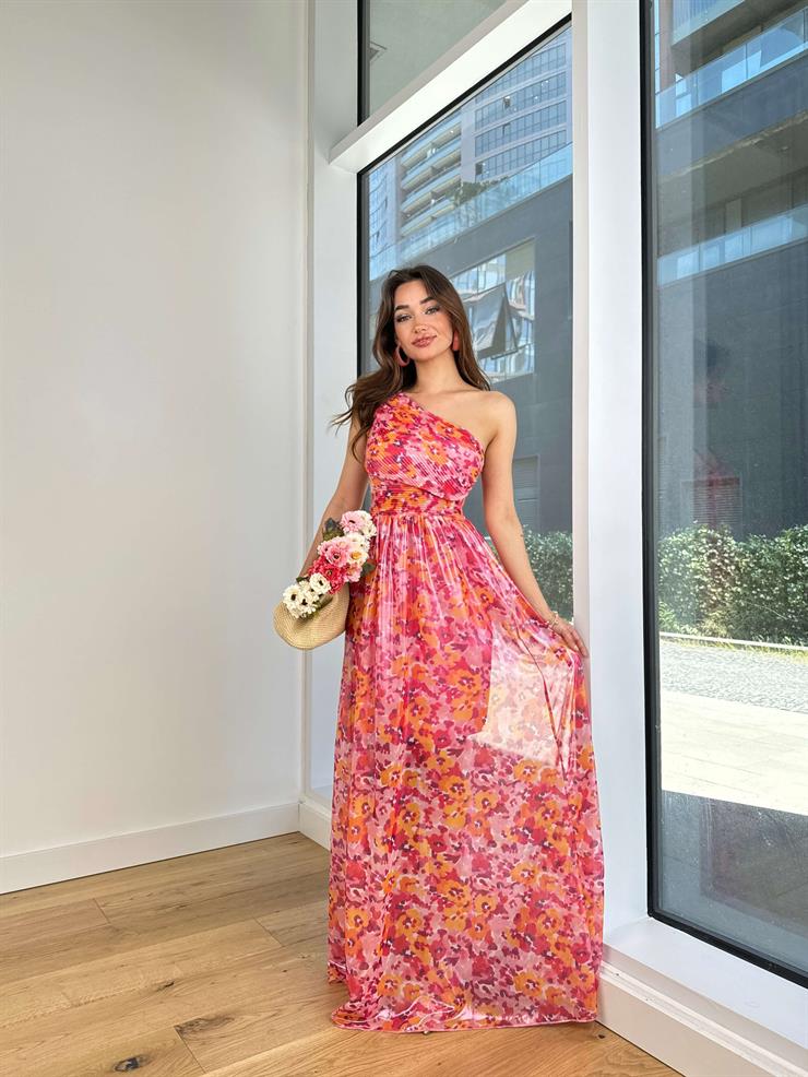 Tek Omuz Askılı Belden Oturtmalı Steve Kadın Renkli Desenli Elbise 24Y638