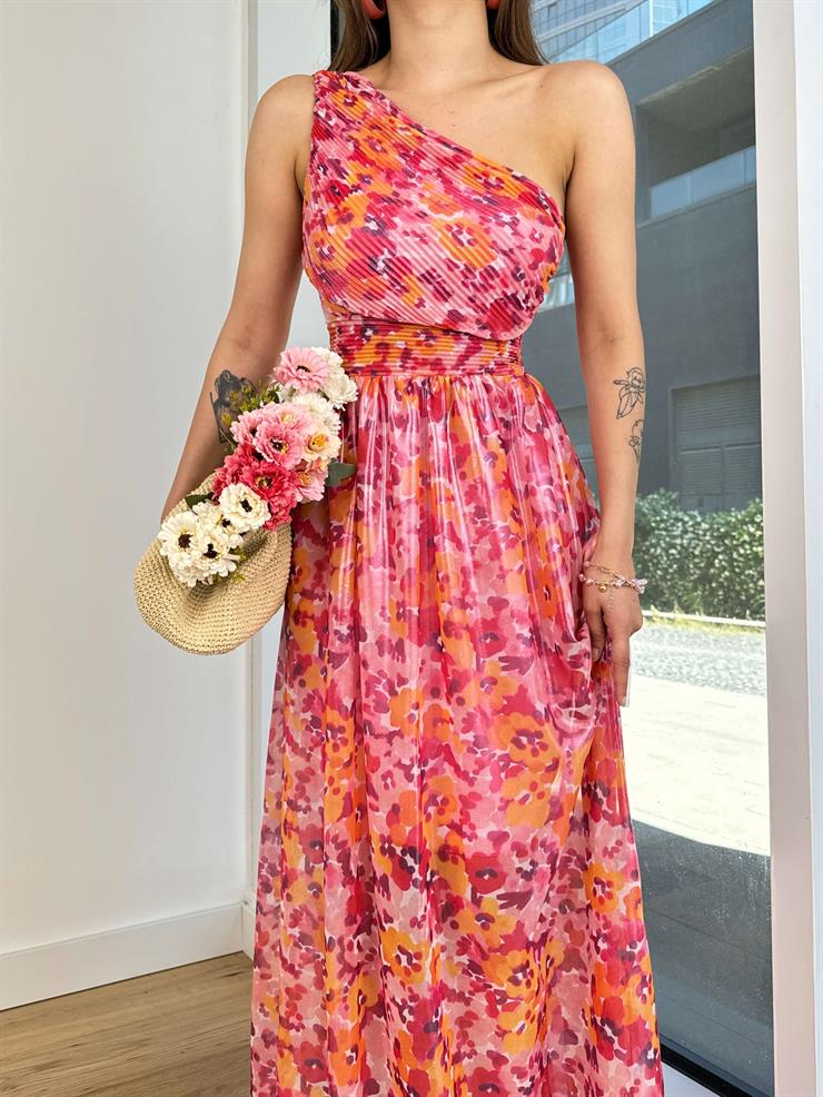 Tek Omuz Askılı Belden Oturtmalı Steve Kadın Renkli Desenli Elbise 24Y638