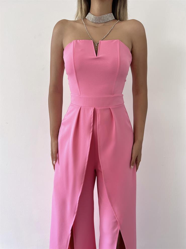 Straplez Yırtmaç Detaylı Straight Kadın Pembe Tulum 23Y000218