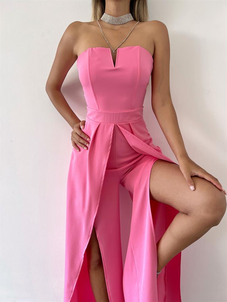 Straplez Yırtmaç Detaylı Straight Kadın Pembe Tulum 23Y000218