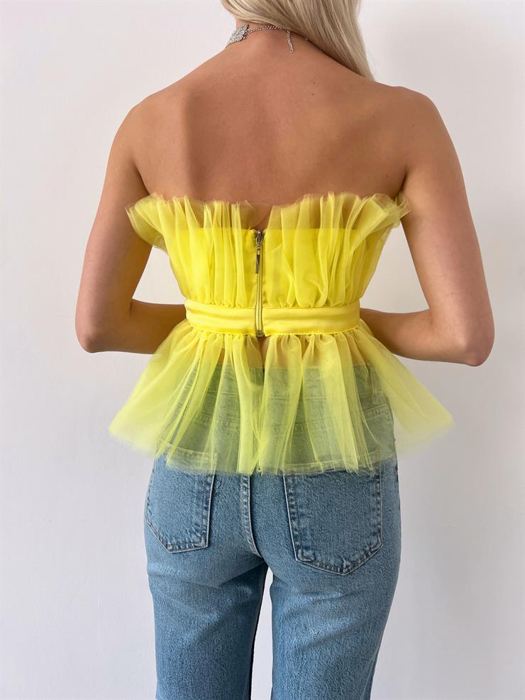 Straplez Belden Oturtmalı Ameba Kadın Neon Sarı Tül Detaylı Bluz 23Y000401