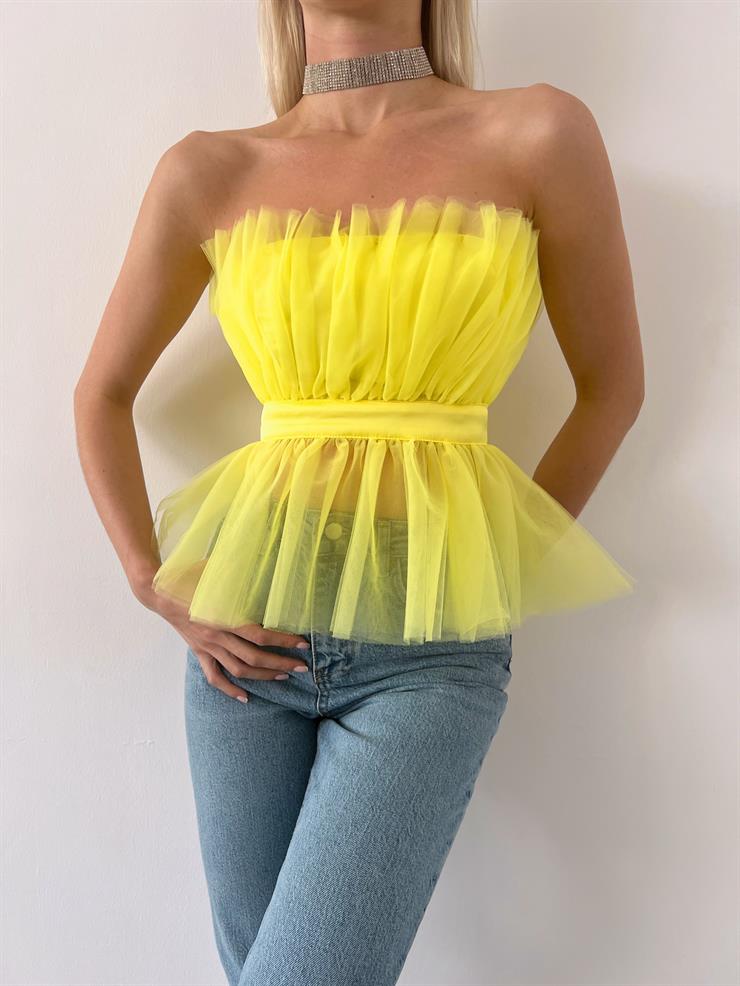 Straplez Belden Oturtmalı Ameba Kadın Neon Sarı Tül Detaylı Bluz 23Y000401