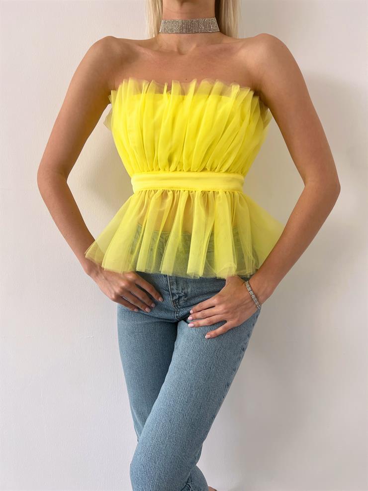 Straplez Belden Oturtmalı Ameba Kadın Neon Sarı Tül Detaylı Bluz 23Y000401